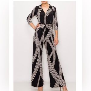 Venechia print 3/4 sleeve wrap jumpsuit with collar and pockets